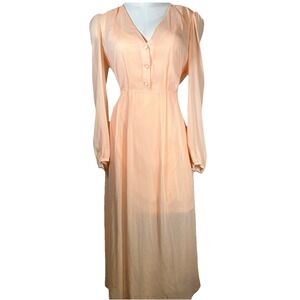 Primark Women's Dress Sz 6 Midi Sheer Lined Peach Long Sleeve Cottagecore Preppy